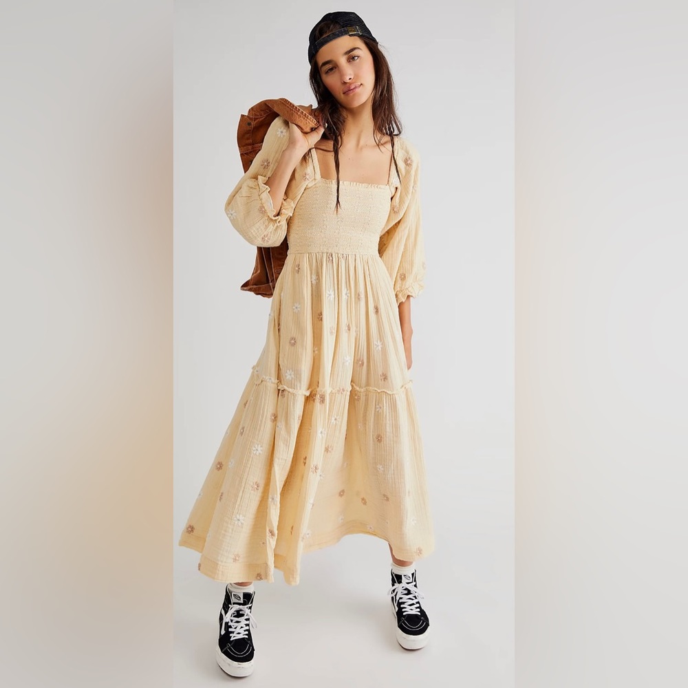 Free People Cream Tiered Maxi Dress with Embroidered Florals